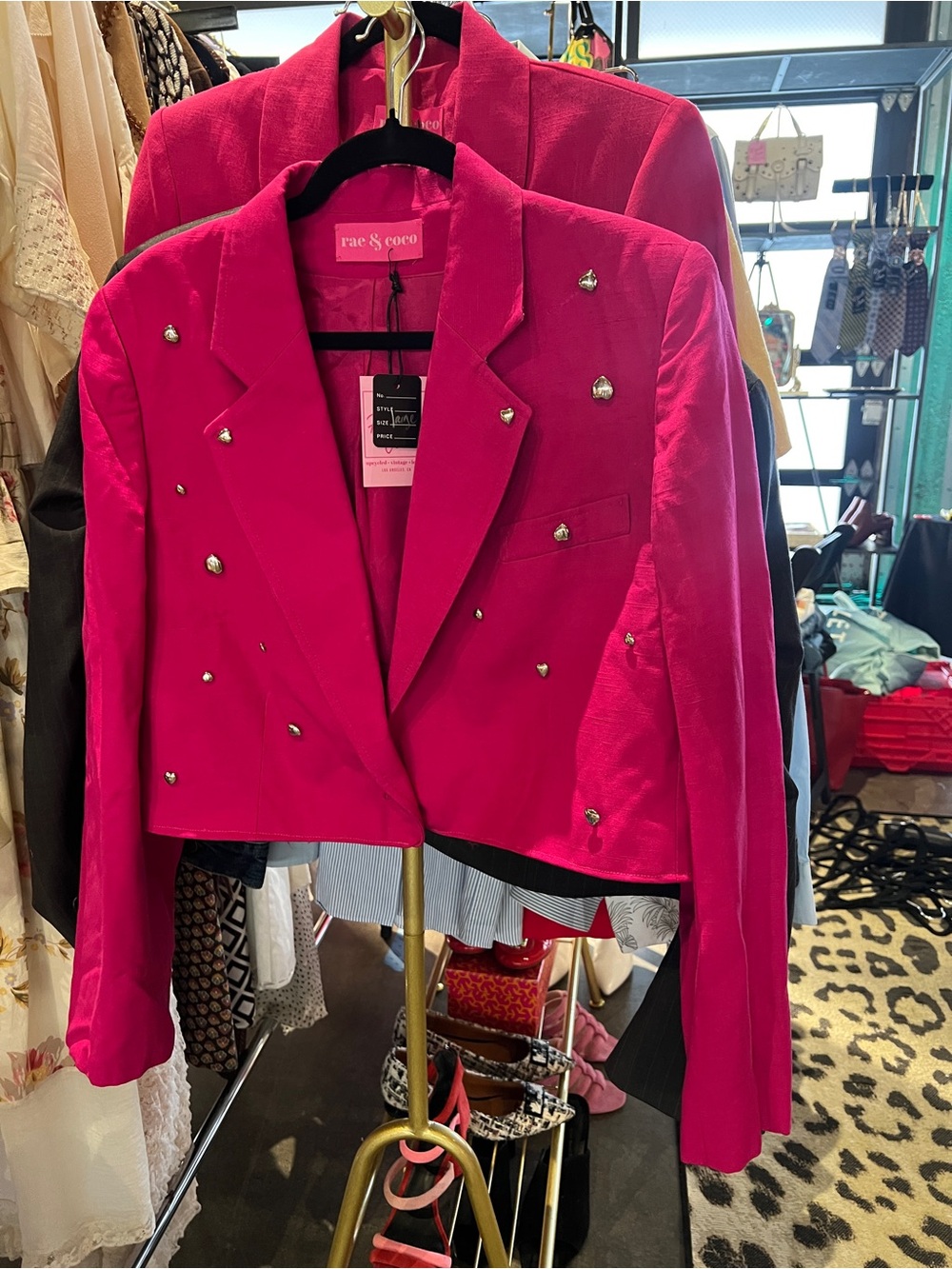 Upcycled Rae & Coco Hot Pink Studded Heart Cropped Blazer